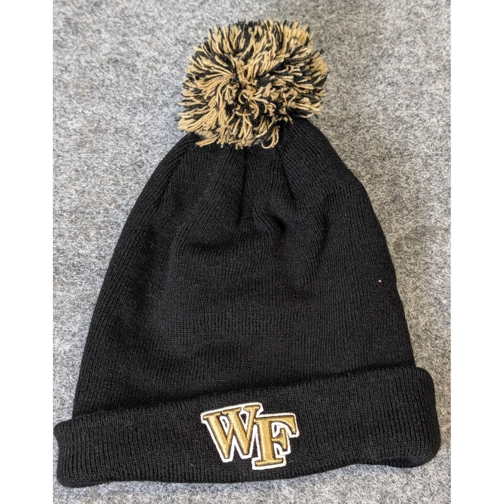 Wake Forest Knit Beanie Cap by Zephyr Black with Logo and Pom One Size Acrylic